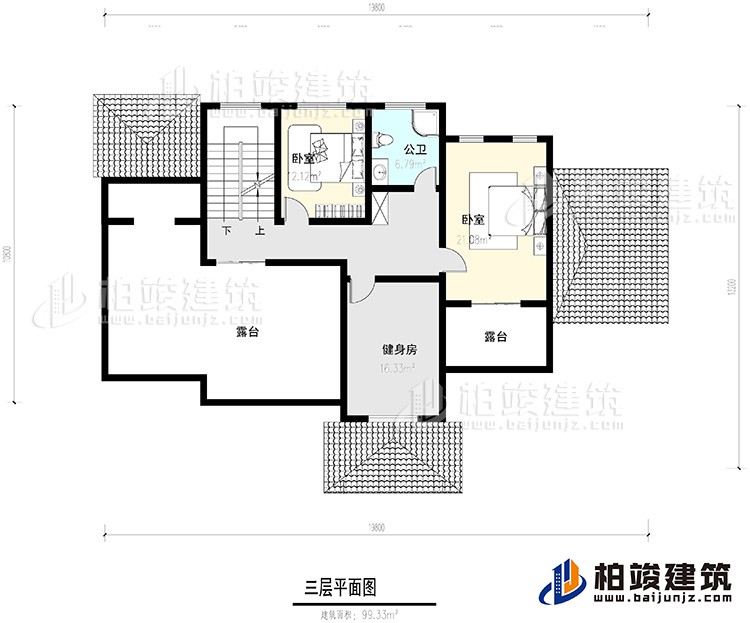 三层：2卧室，公卫，健身房，2露台。